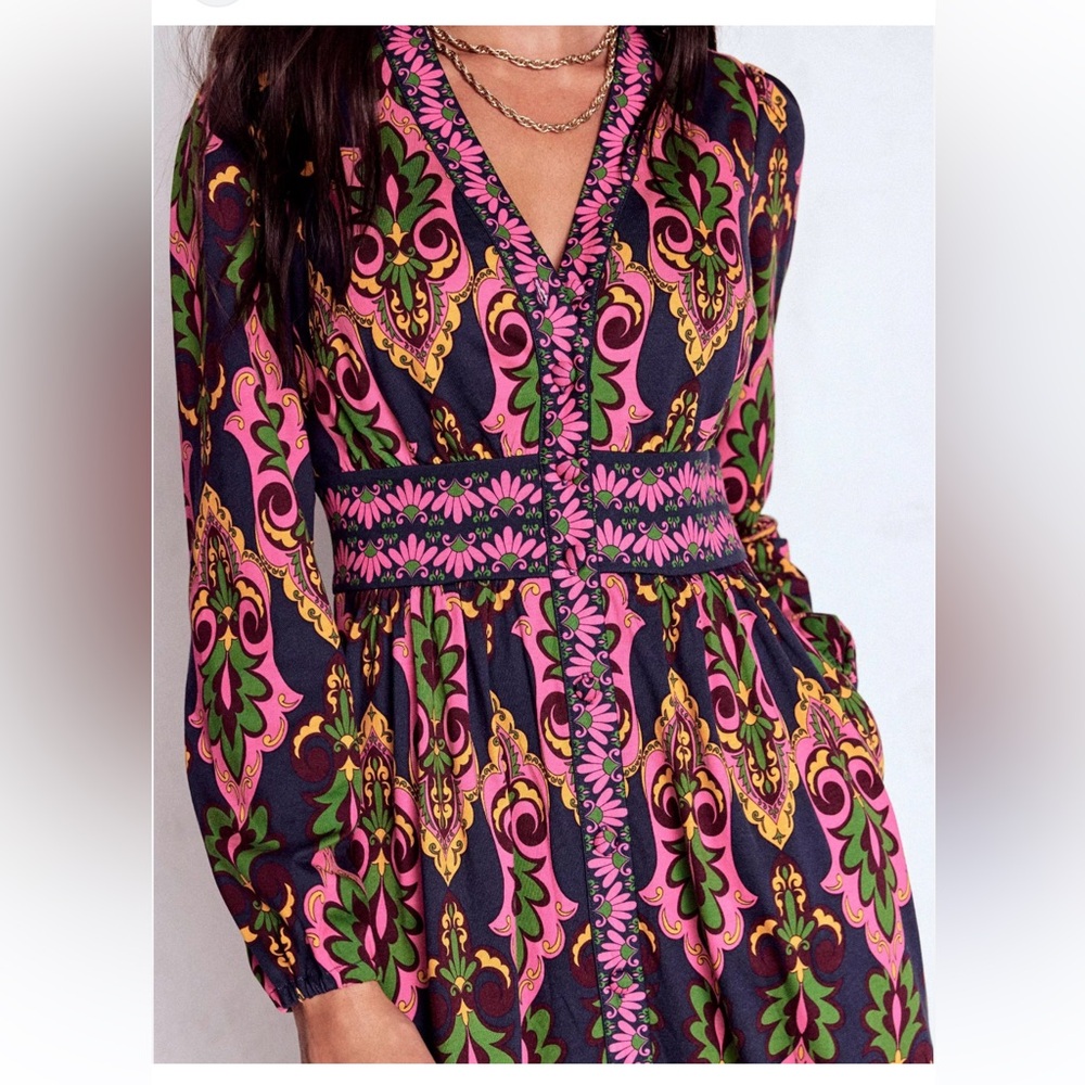 Boden Natalia Long Sleeve Tea Dress Midi French Navy Ornate Charm 10 Reg NWT NEW - Picture 5 of 13